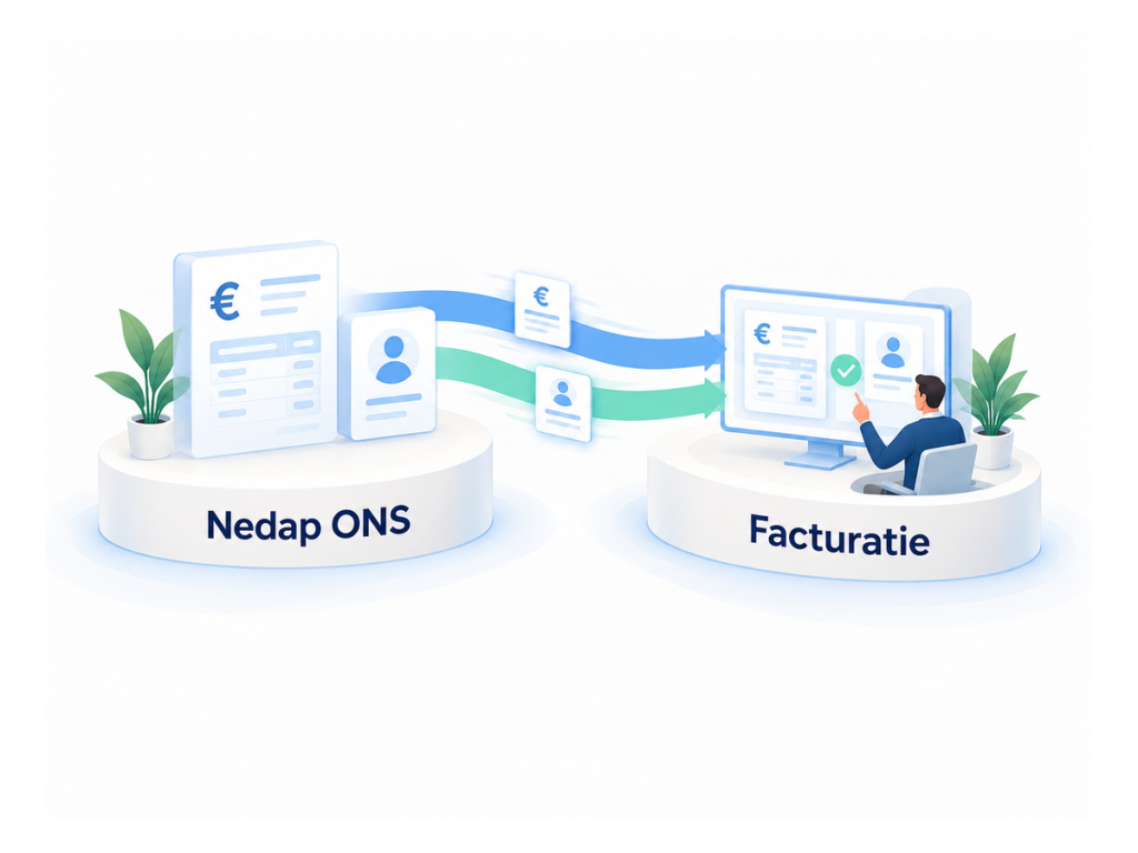 Illustratie: facturen en cliëntgegevens uit Nedap ONS gaan naar het facturatie- of financiële pakket