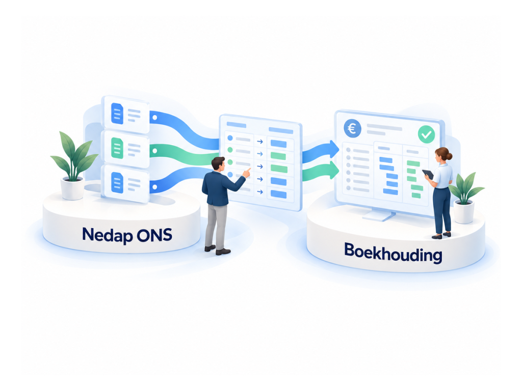 Illustratie: productie uit Nedap ONS wordt via een vertaalmatrix omgezet in journaalposten voor de boekhouding