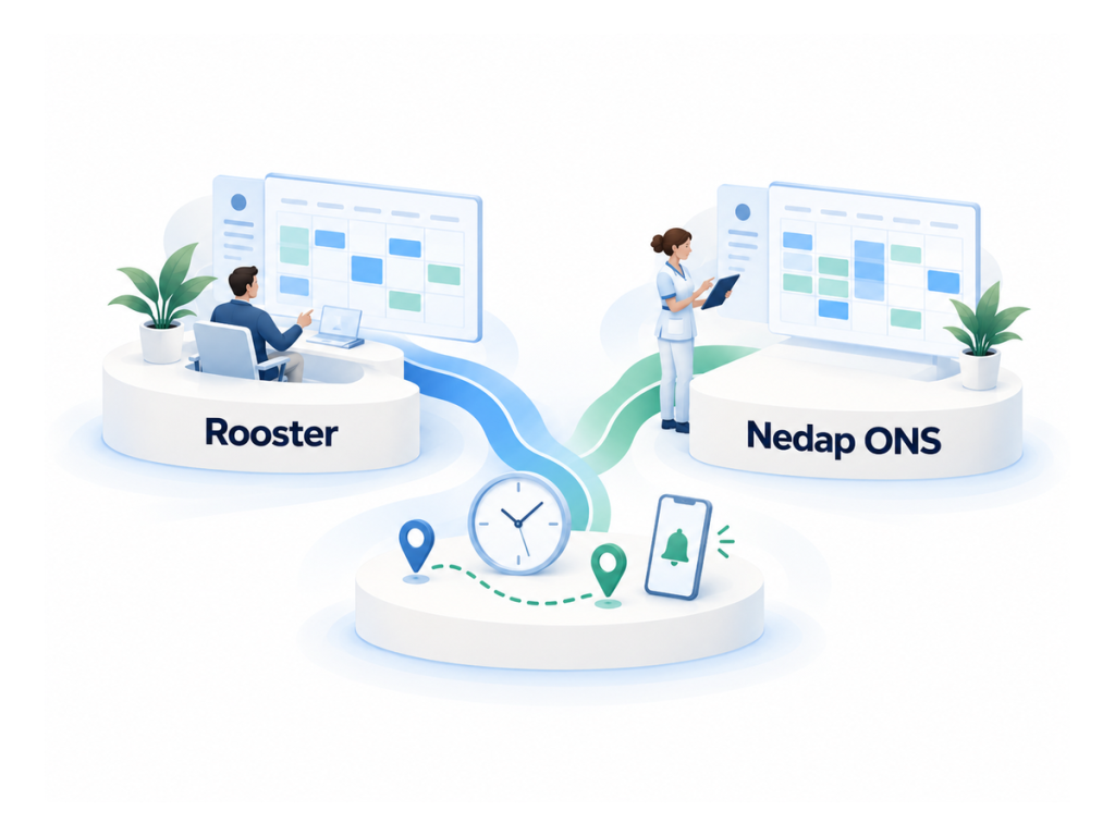 Illustratie: diensten uit het rooster komen in Nedap ONS, met reistijd en SMS-herinneringen